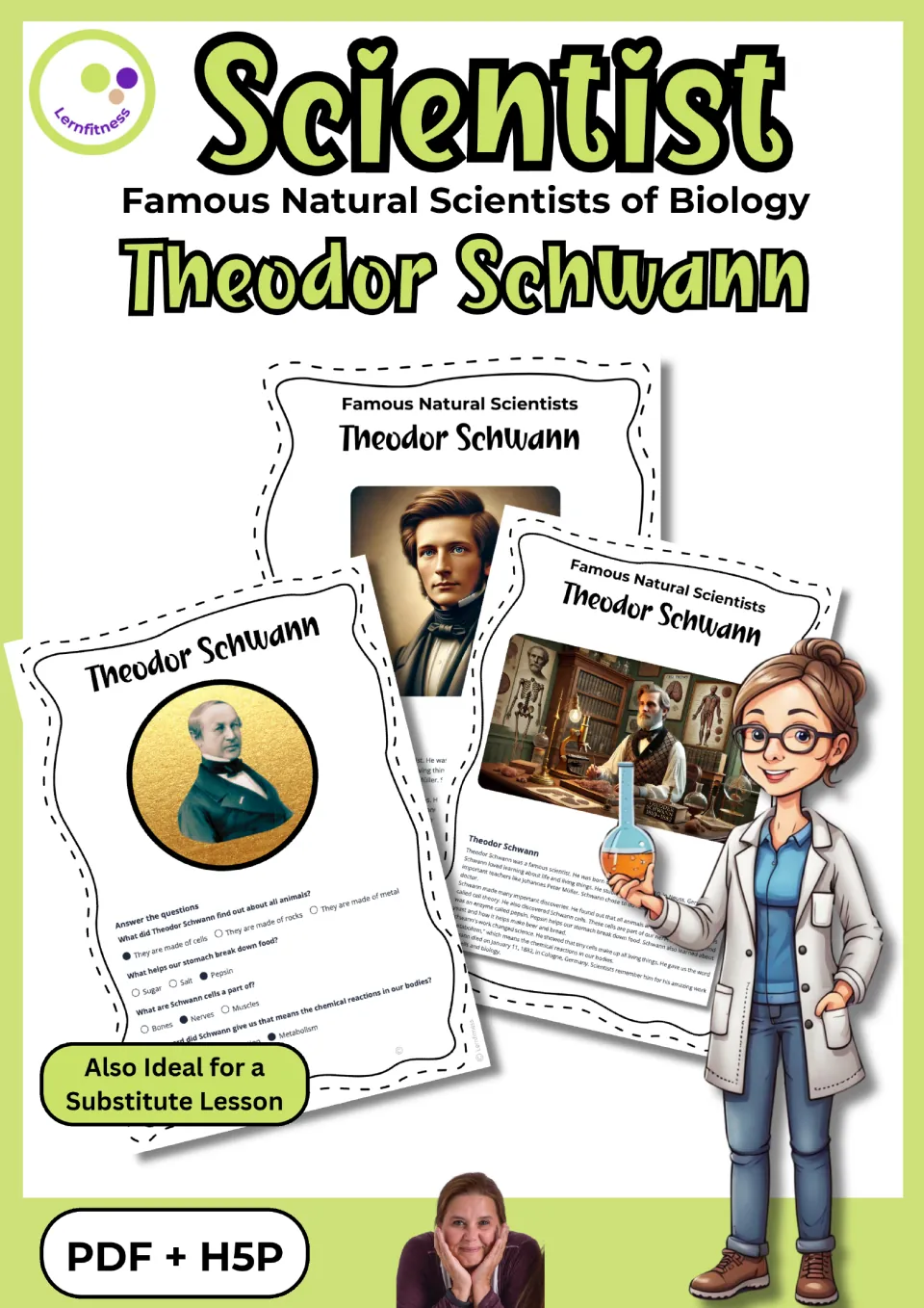 Cover of the Theodor Schwann biology resource, showing reading and quiz samples and the PDF + H5P label