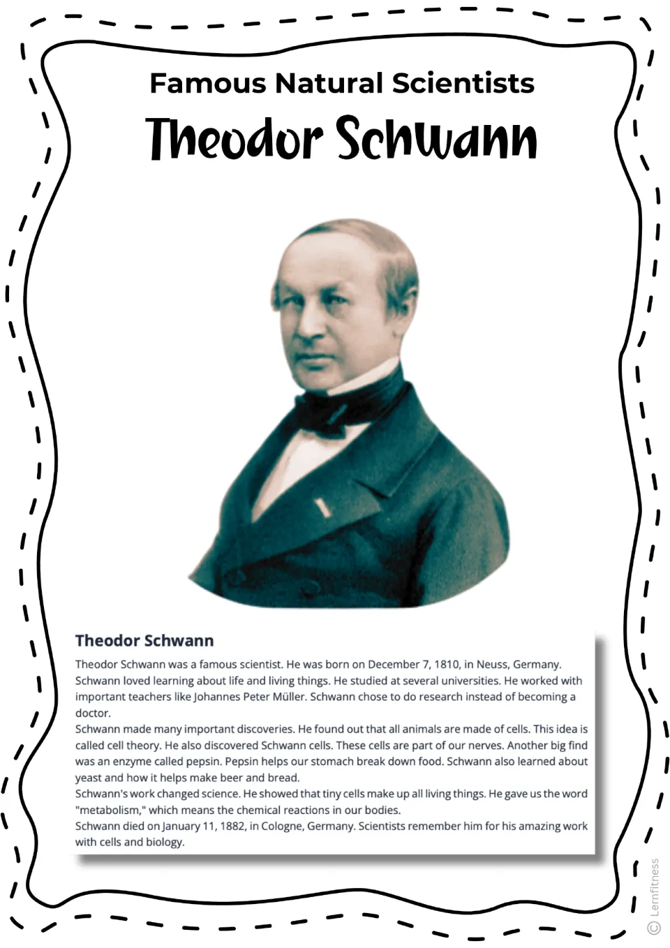 Theodor Schwann biography reading on cell theory, nerves, pepsin, yeast, and metabolism, with a color portrait