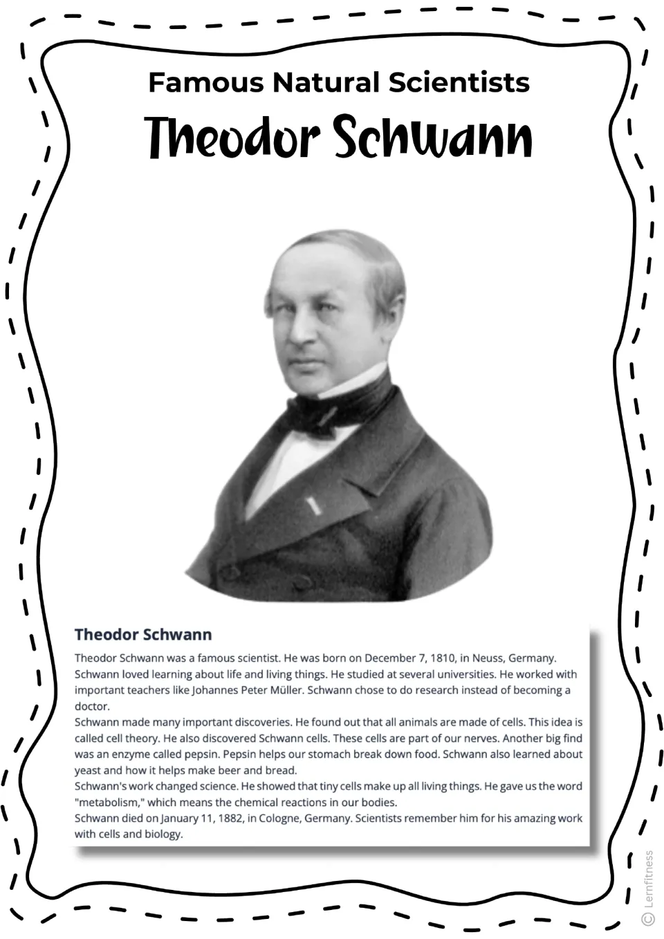 Theodor Schwann biography reading on cells, pepsin, yeast, and metabolism, with a black-and-white portrait