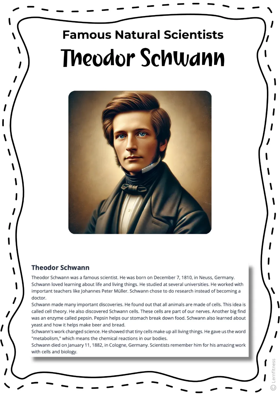 Theodor Schwann biography reading with a color illustrated portrait and facts about his life and discoveries