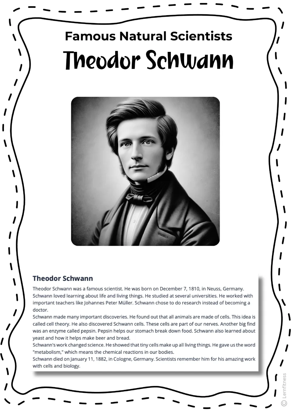 Theodor Schwann biography reading with a grayscale illustrated portrait and facts about cells and digestion