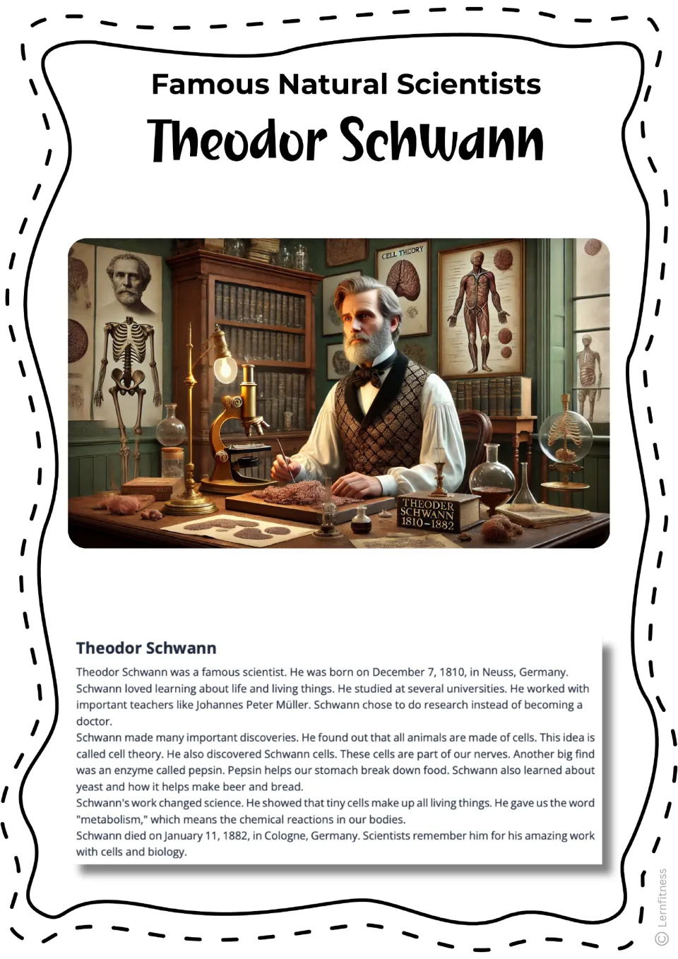 Theodor Schwann biography reading with a color laboratory illustration and text about his biology research