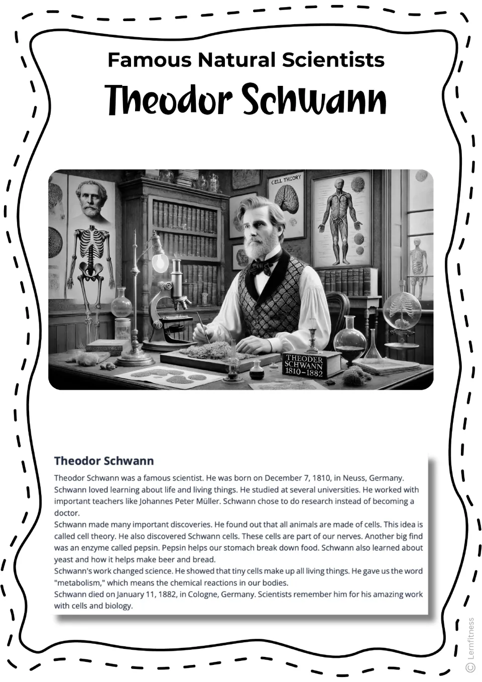 Theodor Schwann biography reading with a grayscale laboratory scene and text about cell theory and enzymes