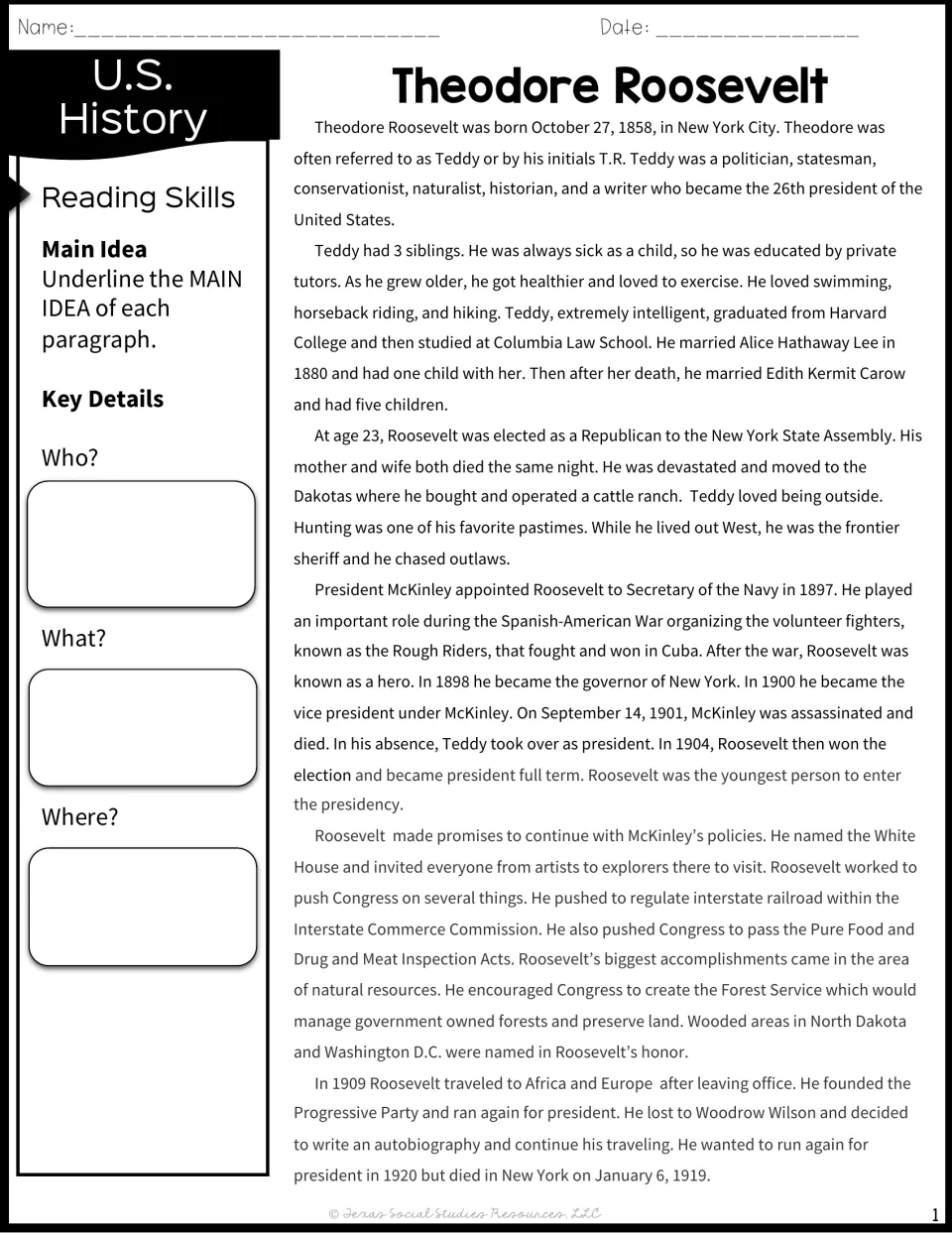 Biography passage on Theodore Roosevelt’s life and presidency, with main idea and key detail tasks