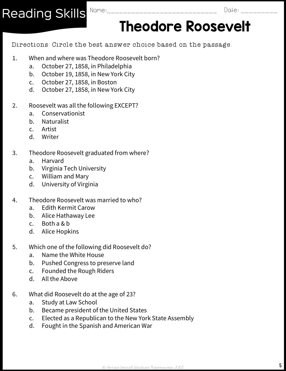 Questions 1–6 assess Roosevelt’s birthplace, roles, education, marriages, accomplishments, and early career