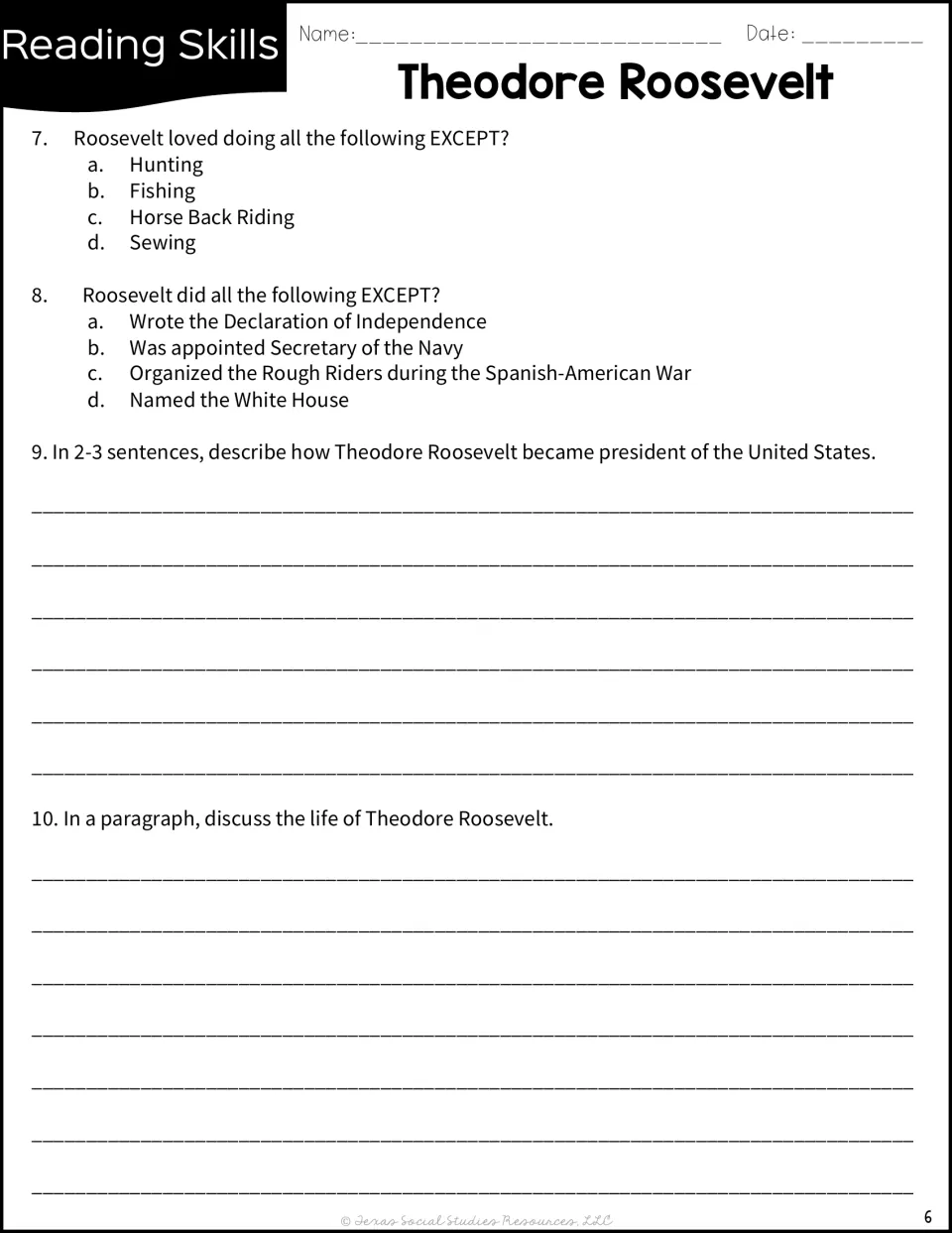 Questions 7–10 cover Roosevelt’s interests and achievements, with written responses on his presidency and life