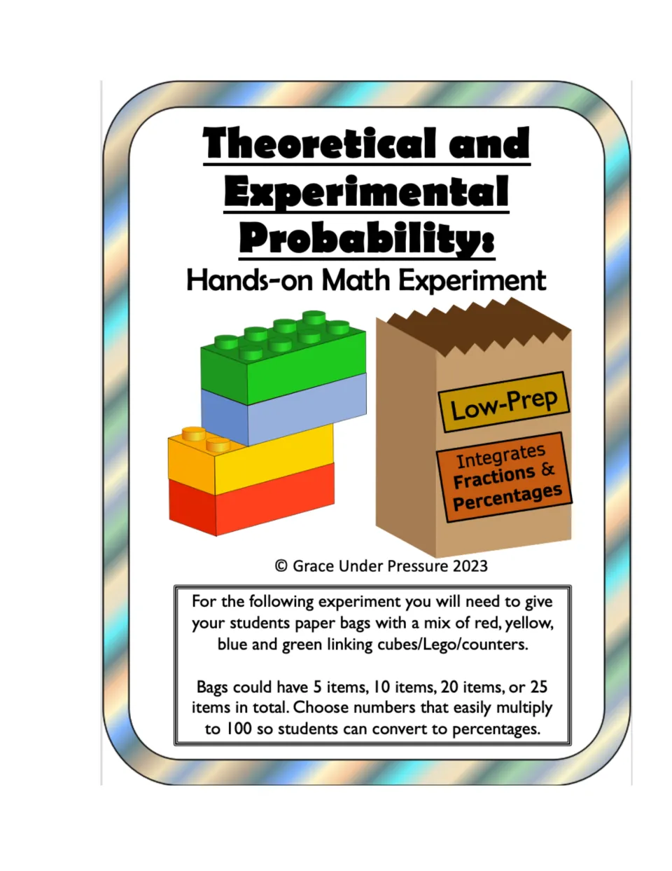 Hands-on probability experiment cover with teacher setup: bags of red, yellow, blue and green cubes, 5 to 25 items each