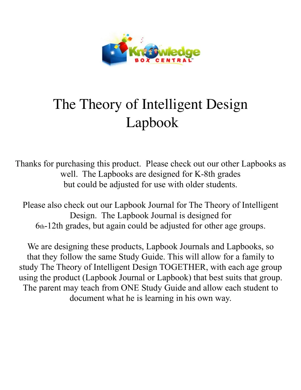 Lapbook introduction explains how a shared study guide supports family study across different age groups.