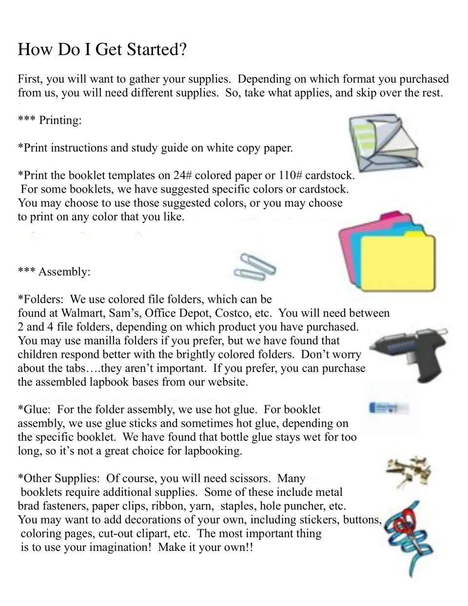Lapbook supply guide covers printing paper, cardstock, file folders, glue, scissors, and extra fasteners.