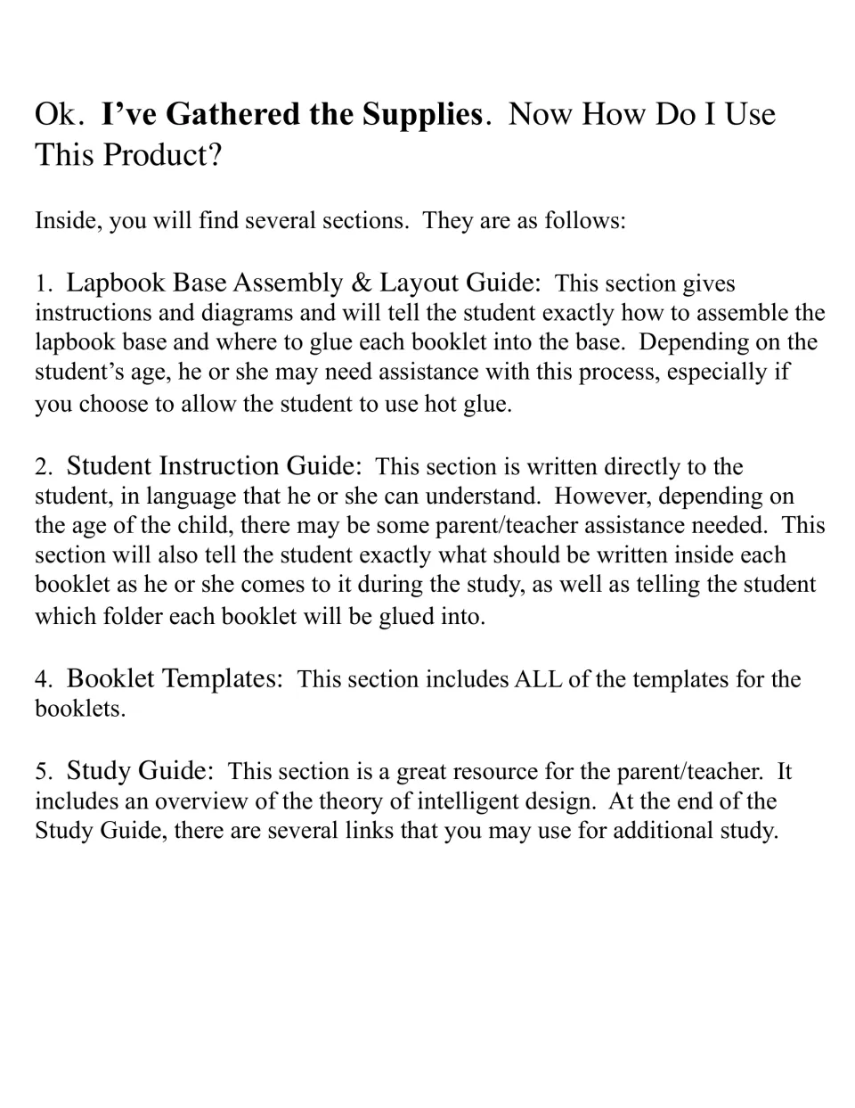 Lapbook section guide explains the assembly guide, student instructions, booklet templates, and study guide.