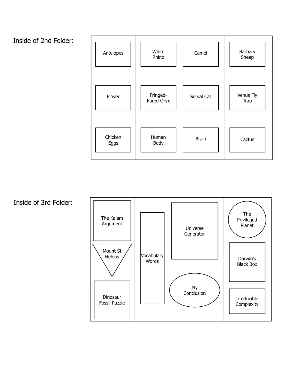 Lapbook placement guide locates animal and plant booklets in Folder 2 and argument and fossil booklets in Folder 3.