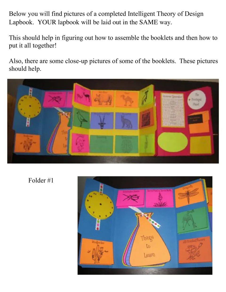 Completed lapbook examples show the connected three-folder project and a closer view of Folder 1 booklets.