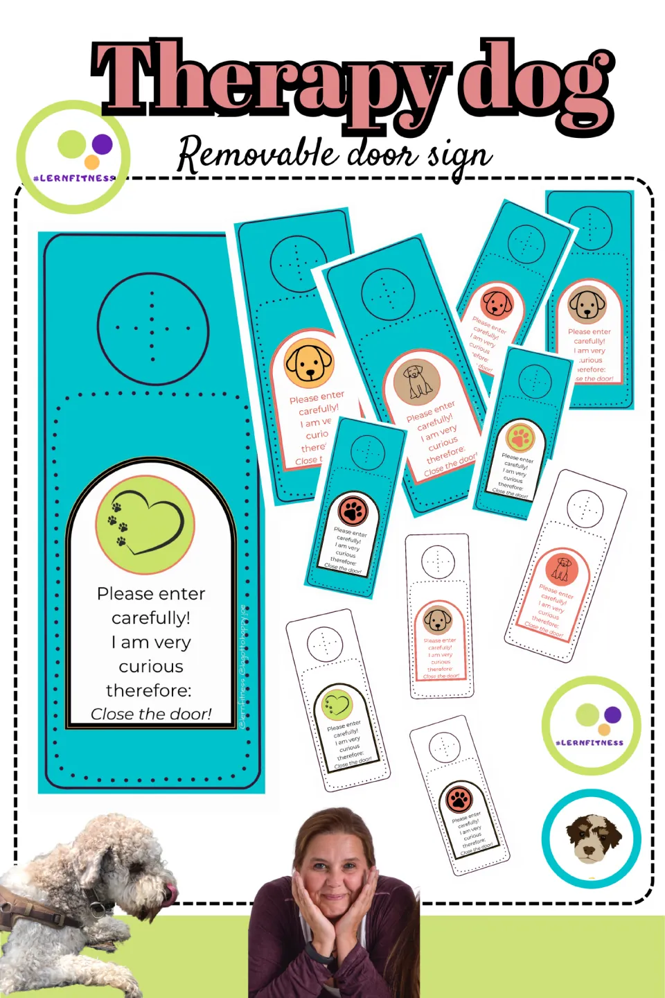 Cover of the therapy dog door sign set, showing versions that ask visitors to enter carefully and close the door