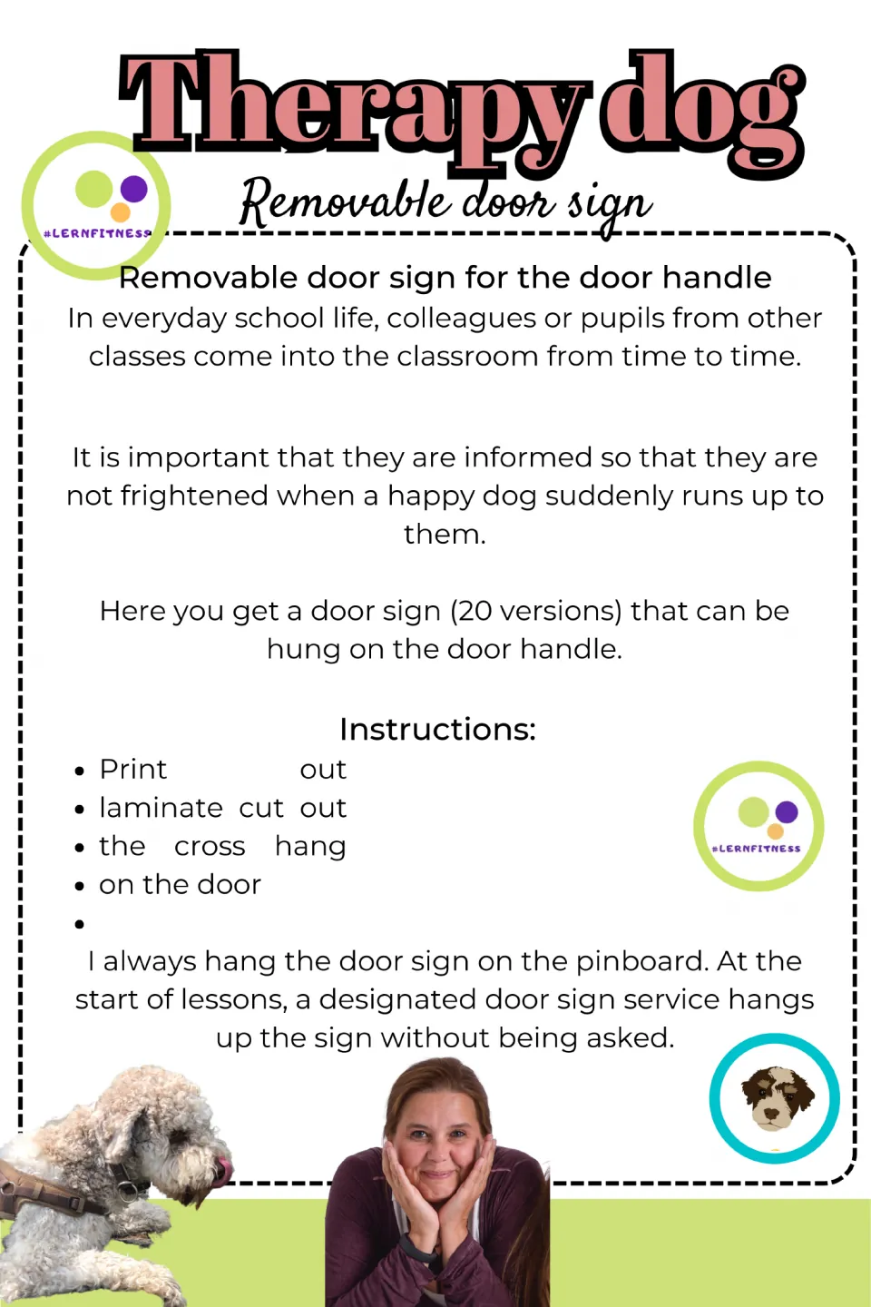 Instructions for 20 therapy dog door sign versions: print, laminate, cut out, and hang on the door handle