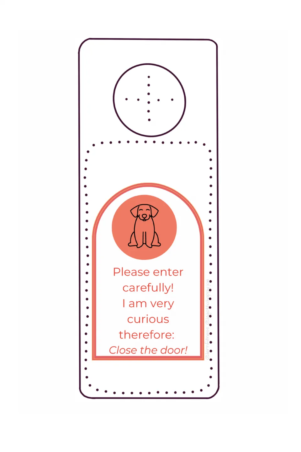 Therapy dog door sign with a seated dog on coral, asking visitors to enter carefully and close the door