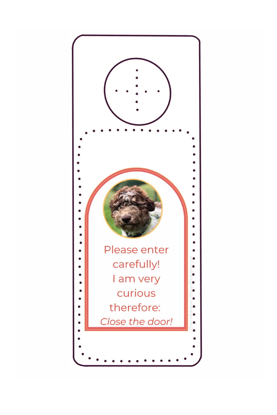 Therapy dog door sign with a dog portrait photograph, asking visitors to enter carefully and close the door