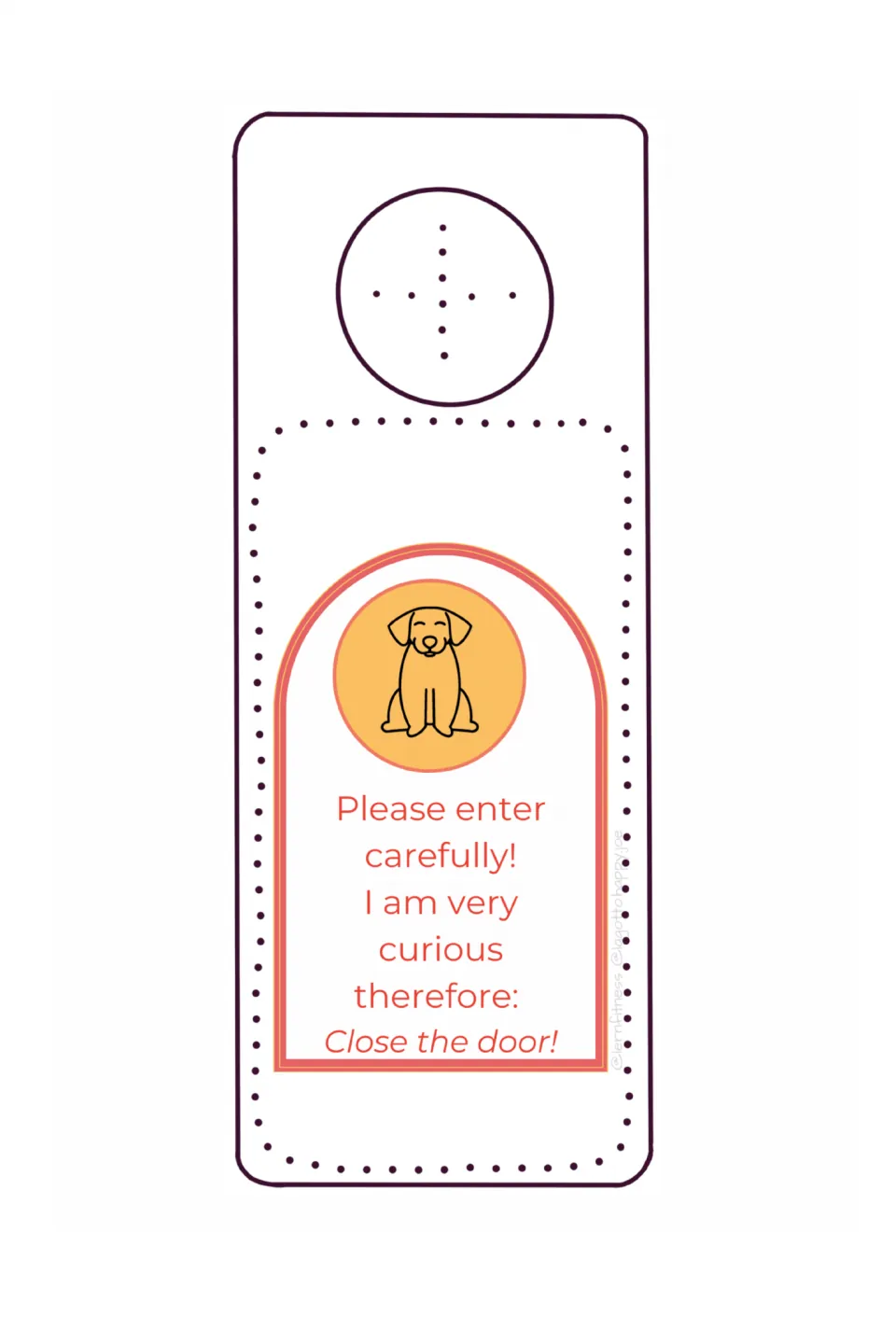 Therapy dog door sign with a seated dog on yellow, asking visitors to enter carefully and close the door