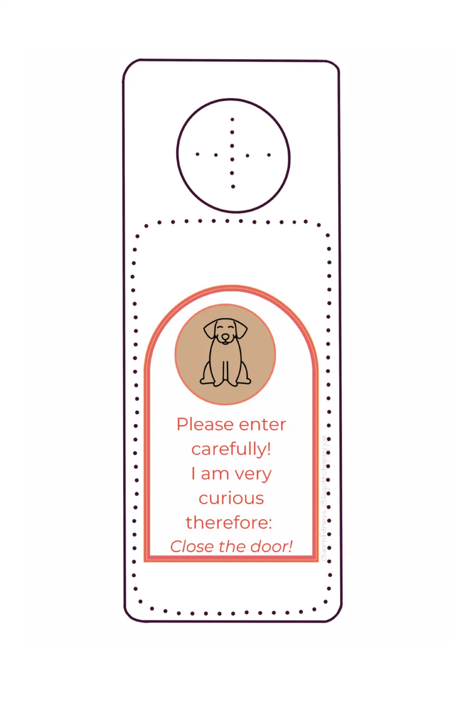 Therapy dog door sign with a seated dog on tan, asking visitors to enter carefully and close the door