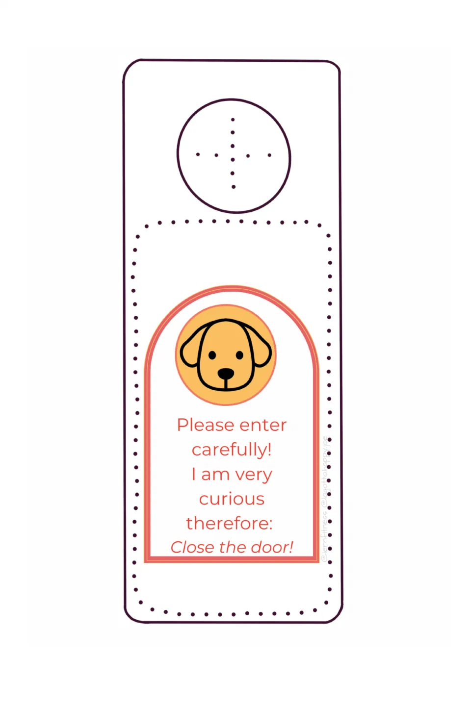Therapy dog door sign with a dog face on yellow, asking visitors to enter carefully and close the door