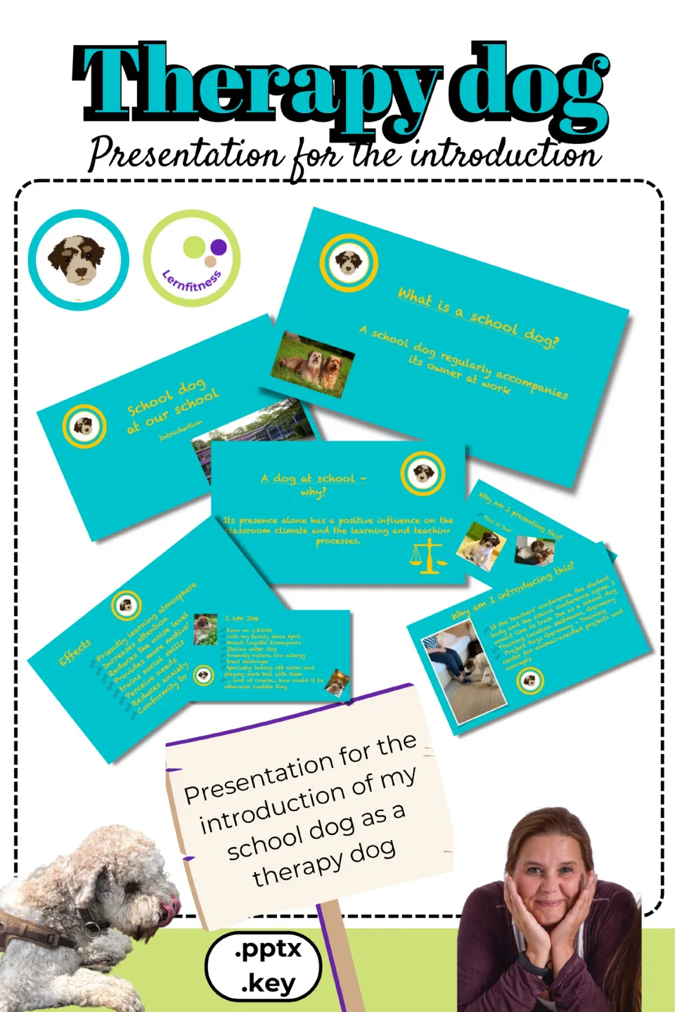 Therapy dog presentation preview showing slides on school dogs, their effects, and an introduction to Joe.
