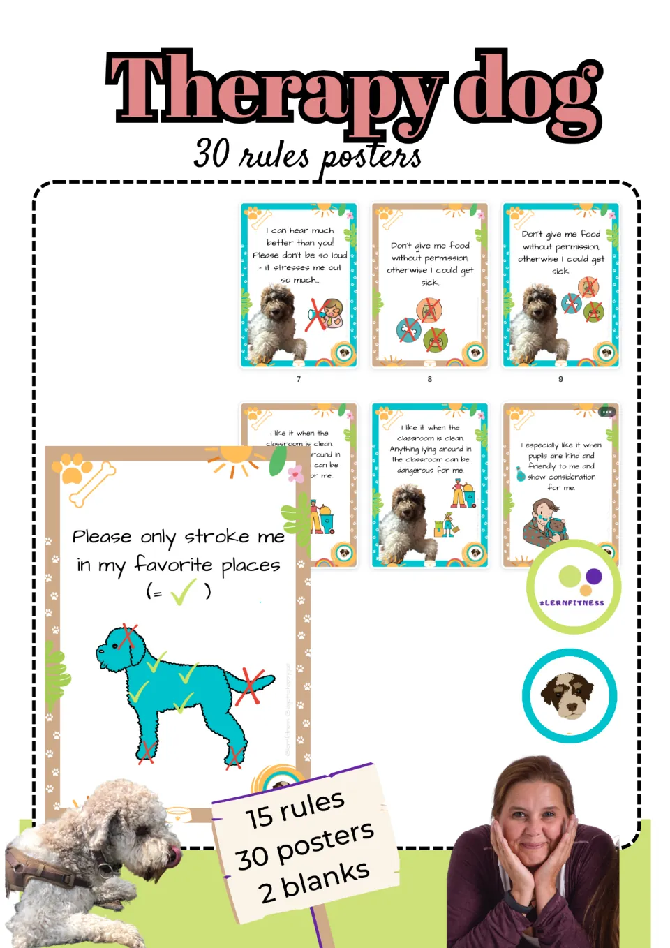 Cover for a therapy dog set showing sample signs about where to pet the dog, keeping quiet and not feeding it
