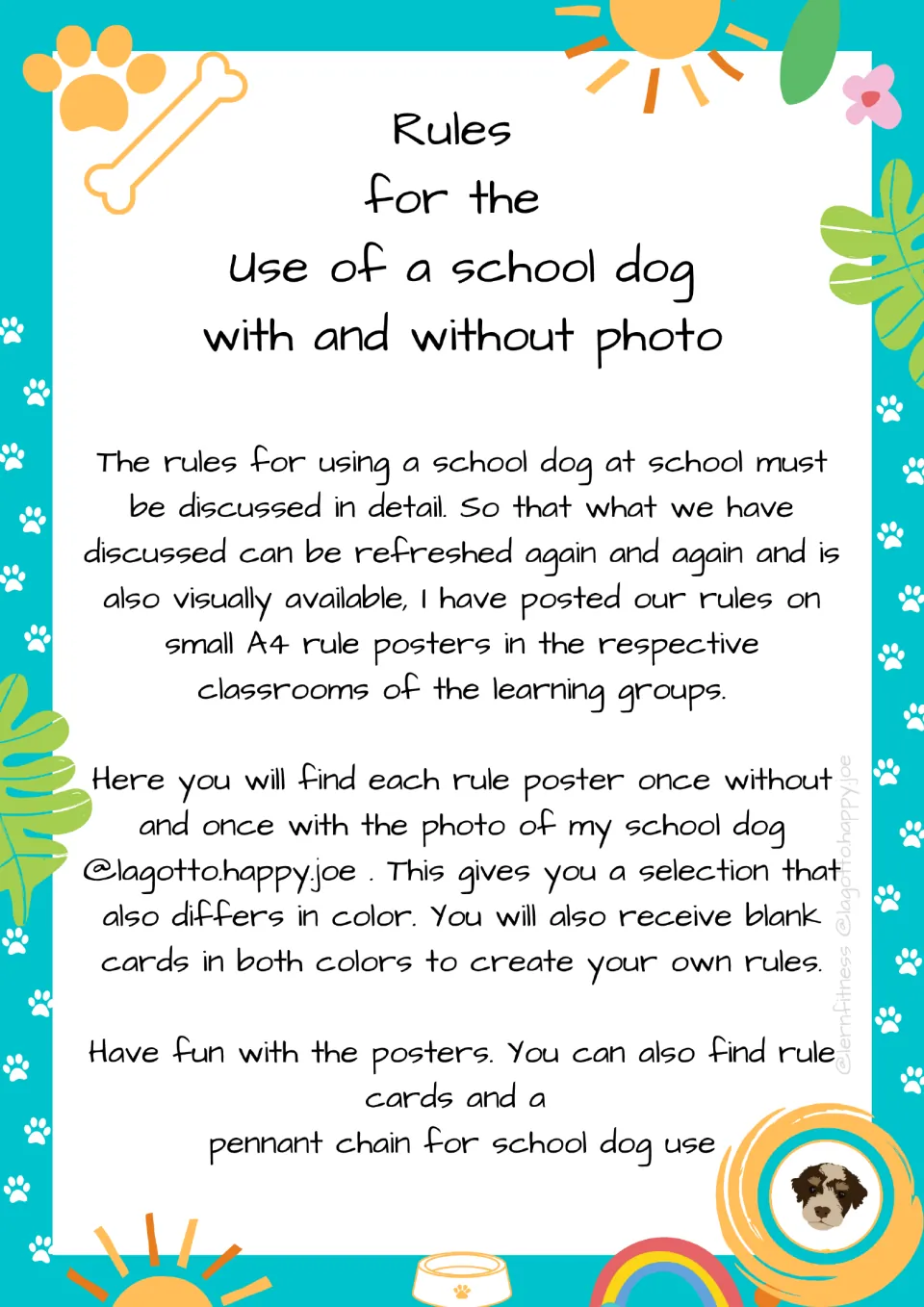 Introduction to school dog rules: explains posters come with and without the dog's photo, plus blank cards for own rules