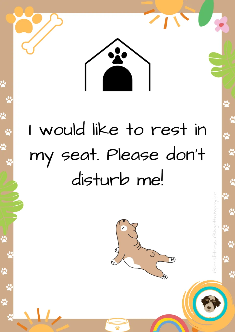 Rest rule poster: "I would like to rest in my seat. Please don't disturb me!" with a doghouse icon and a stretching dog
