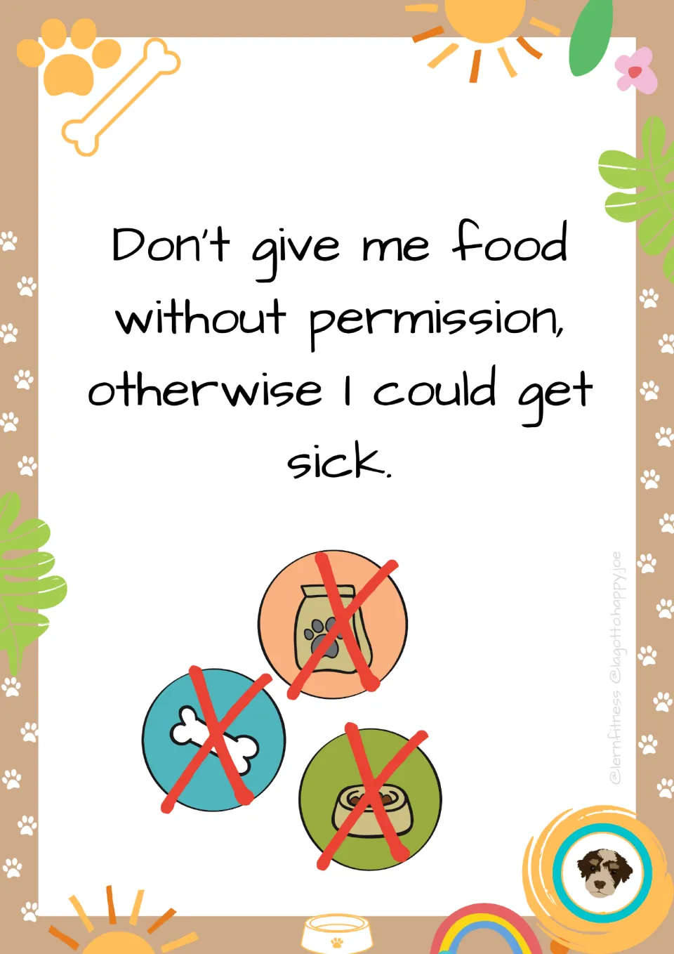 Food rule poster: don't feed the dog without permission or it could get sick; dog food, bone and bowl icons crossed out