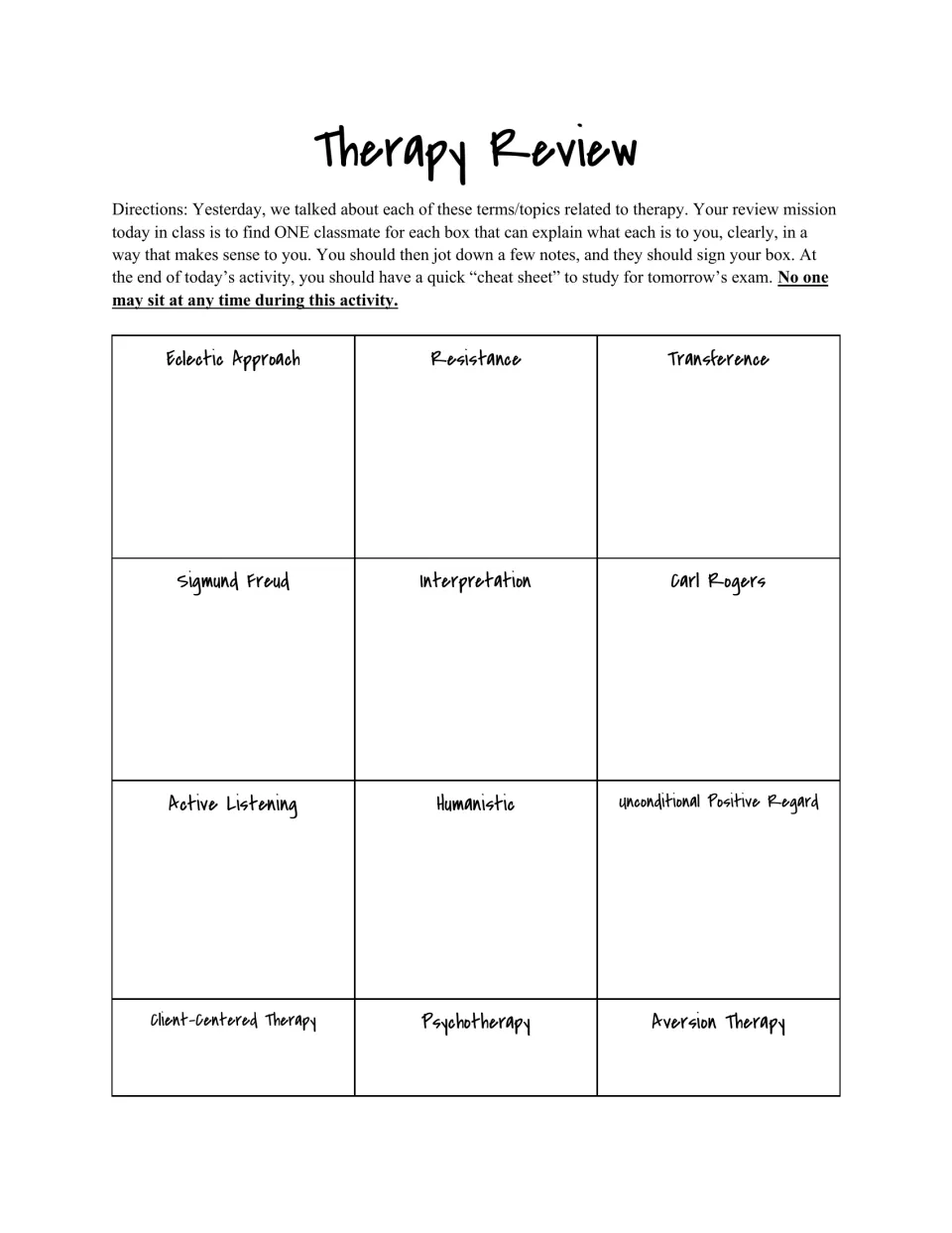 Therapy review activity: 12 topics including eclectic approach, resistance, transference, and Sigmund Freud