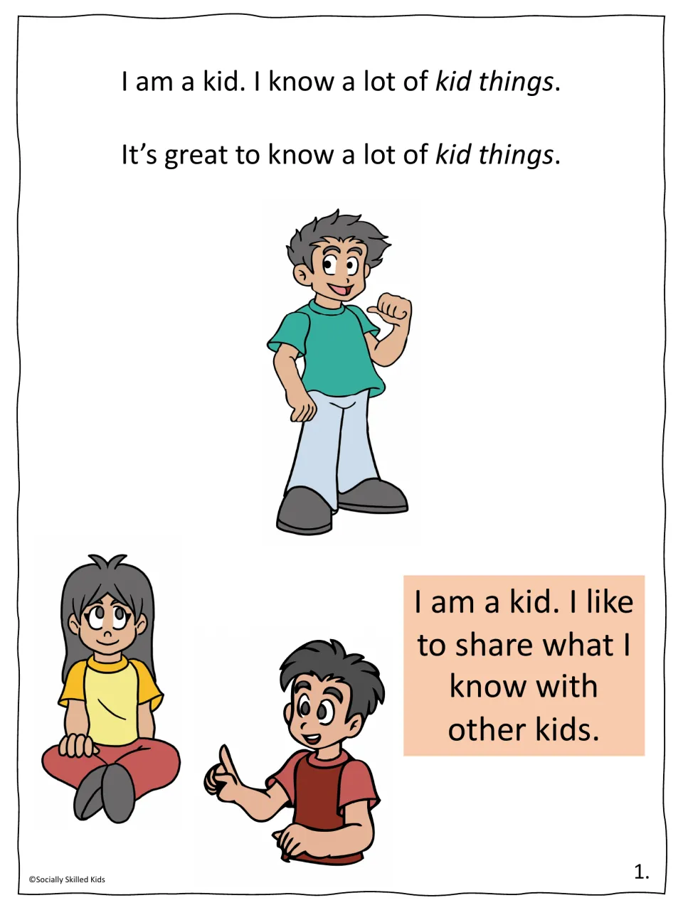 Story page 1: a kid knows a lot of kid things and likes to share what they know; three cartoon kids talk together