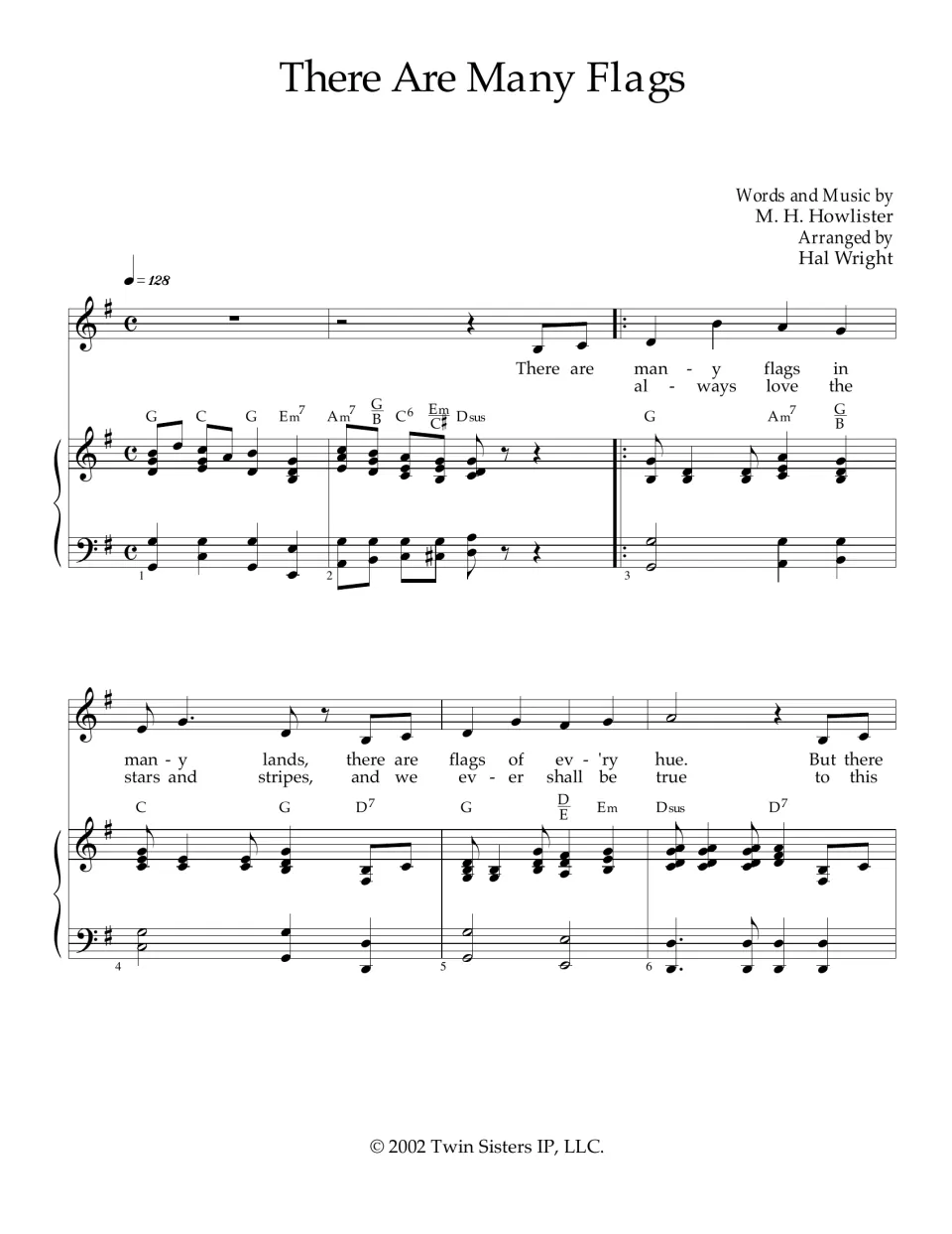 There Are Many Flags, page 1: piano-vocal score in G with chords, piano intro and verse 1 and 2 lyrics, measures 1 to 6