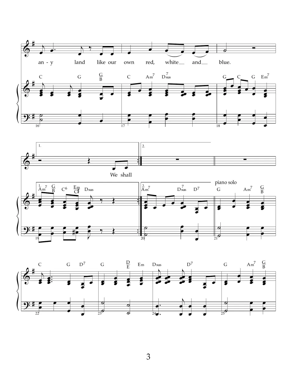 Flag song score, measures 16 to 25: chorus ends, first and second endings with a repeat, then a piano solo begins