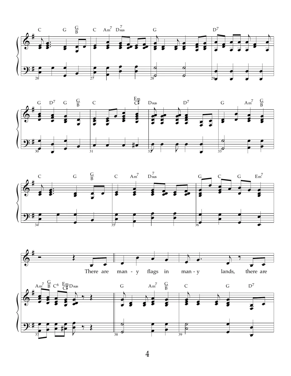 Piano solo in measures 26 to 37 with chord symbols; voice re-enters at 38 with 'There are many flags in many lands'
