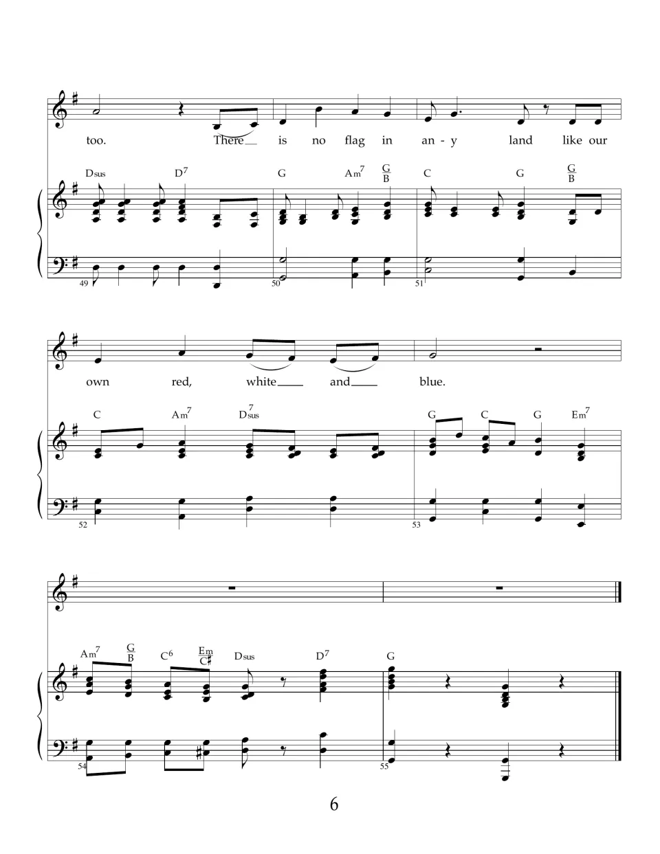 Last score page, measures 49 to 55: closing chorus ends on 'red, white and blue', then a piano tag ends in G