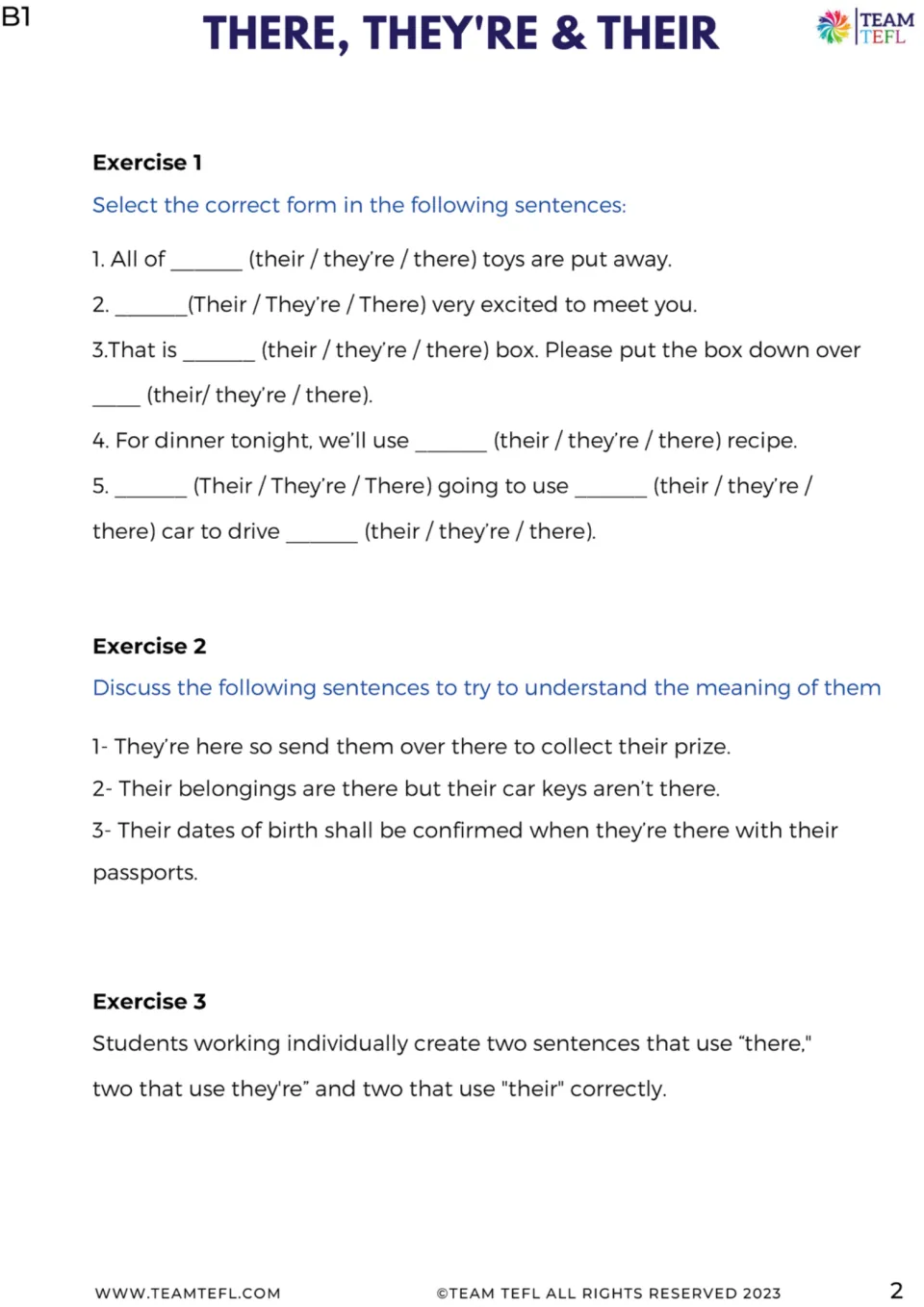 Practice page for there, they're, and their: five fill-in items, three discussion sentences, and writing tasks.