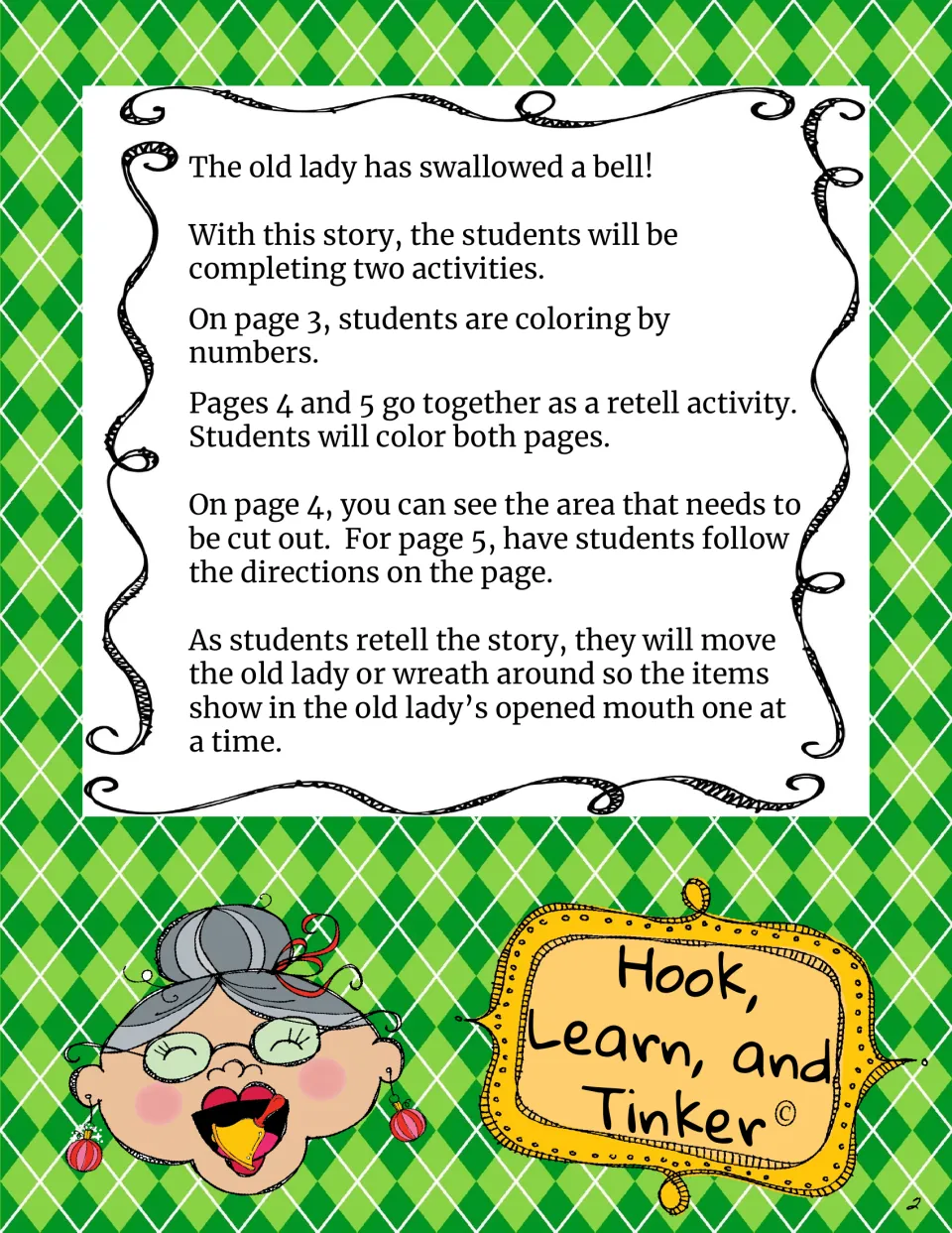Teacher directions for coloring by numbers on page 3 and retelling the story with the face and wreath on pages 4–5