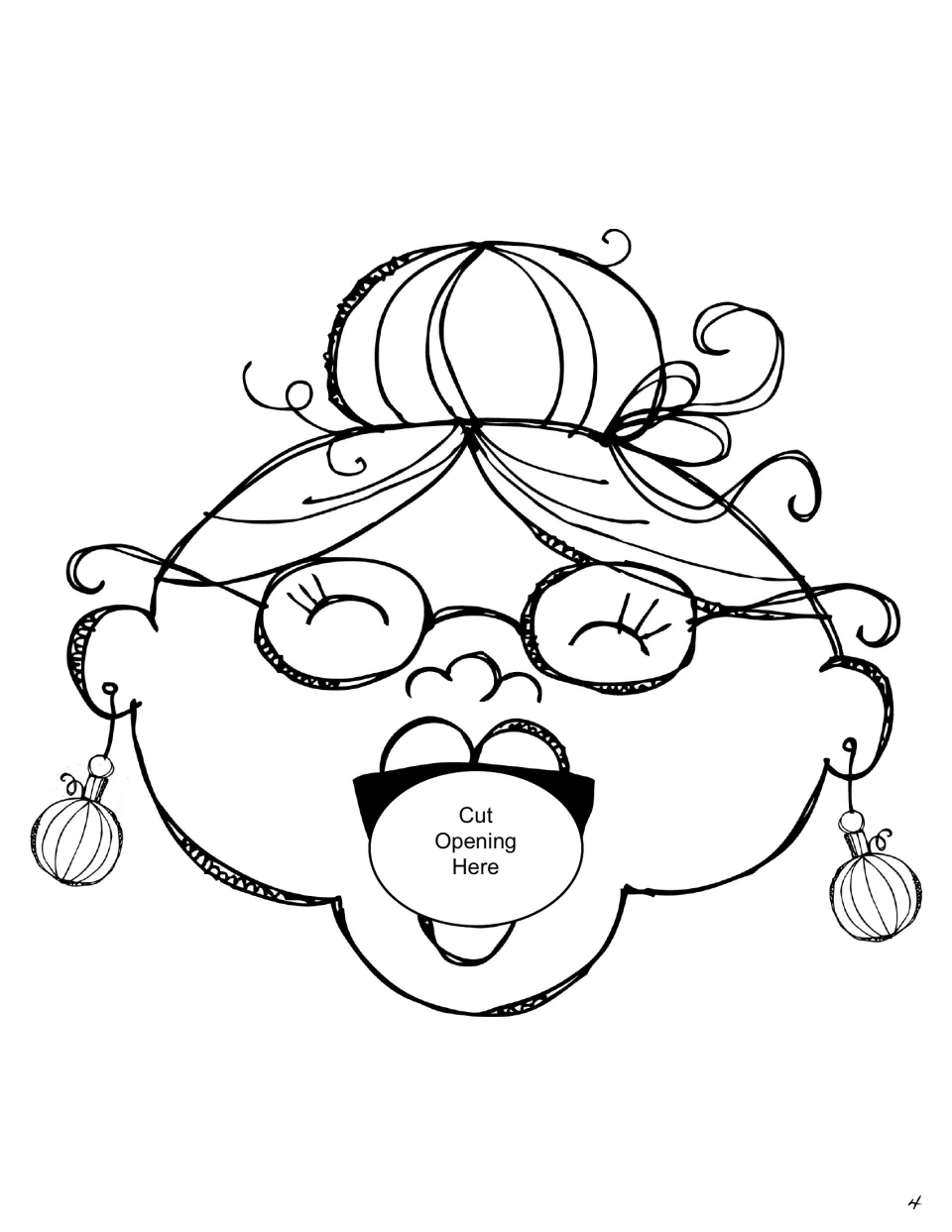 Old lady face for the retelling craft, with 'Cut Opening Here' marking the mouth to reveal items on the wreath