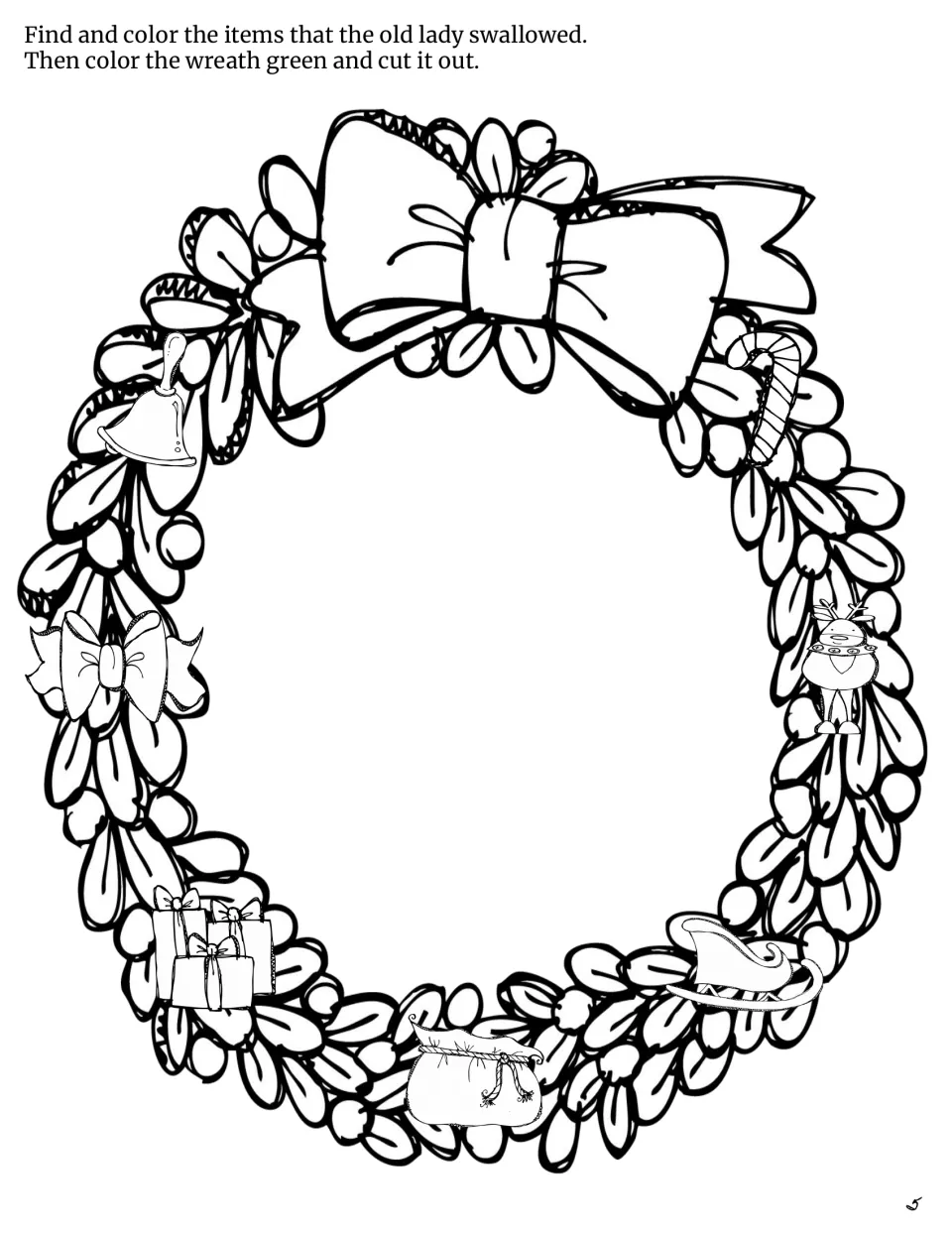 Retelling wreath to color and cut out, showing a bell, bow, gifts, sack, sleigh, reindeer, and candy cane