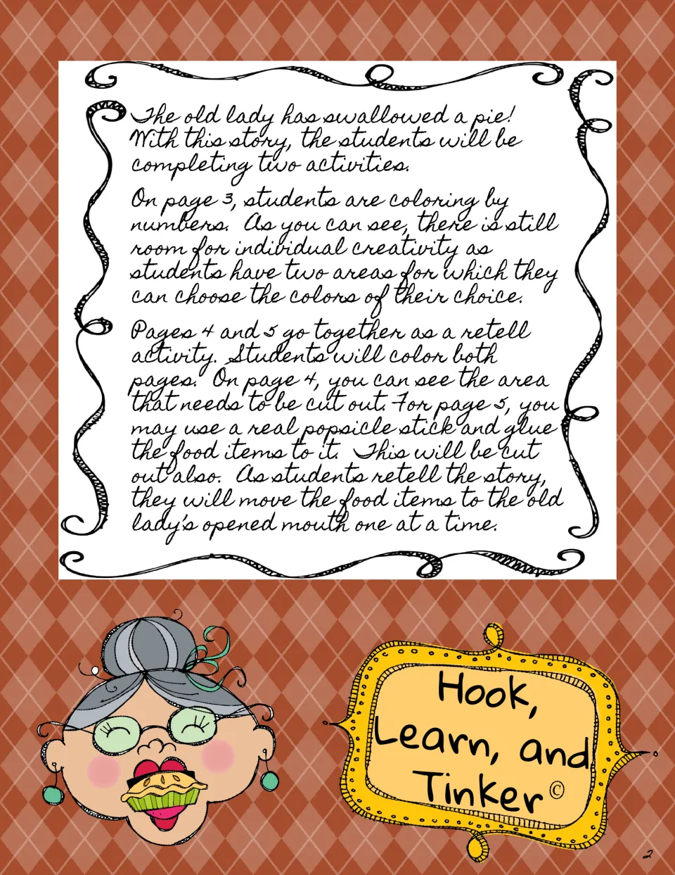Teacher notes: explains the color-by-number page and the retell craft where food on a stick moves into the lady's mouth