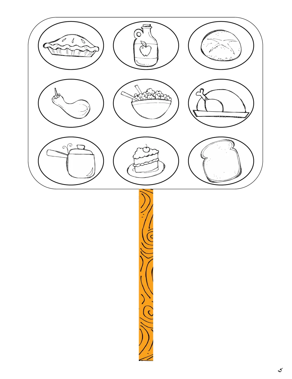 Retell food stick: students color and cut out nine story foods, including pie, cider, turkey and cake, on a popsicle stick