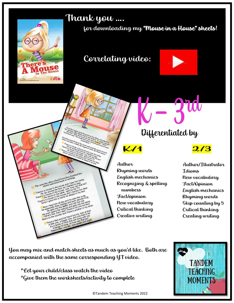 Packet introduction lists K/1 and 2/3 skills, shows worksheet samples, and identifies a corresponding video.