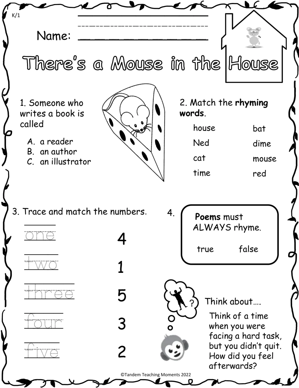 K/1 practice covers authors, rhyming pairs, number words one to five, poetry, and a perseverance prompt.