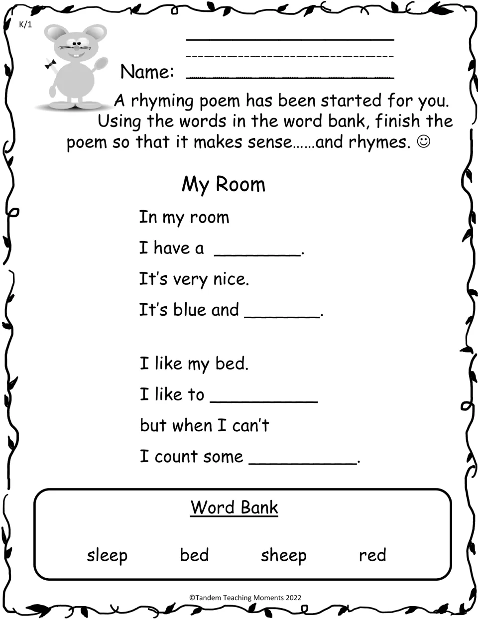 K/1 poetry activity asks students to finish My Room using the rhyming words sleep, bed, sheep, and red.