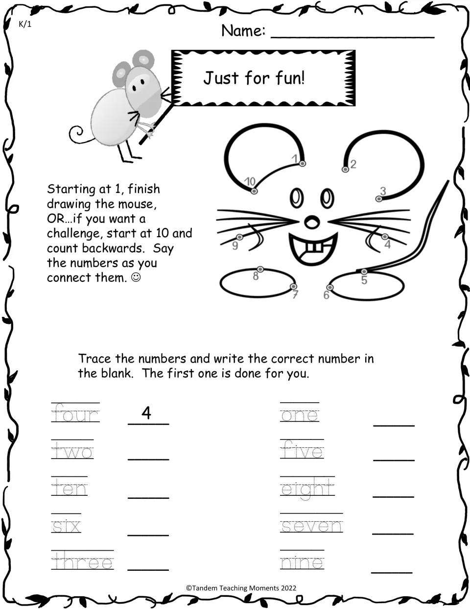 K/1 number activity combines a mouse connect-the-dots from 1 to 10 with tracing number words and writing numerals.