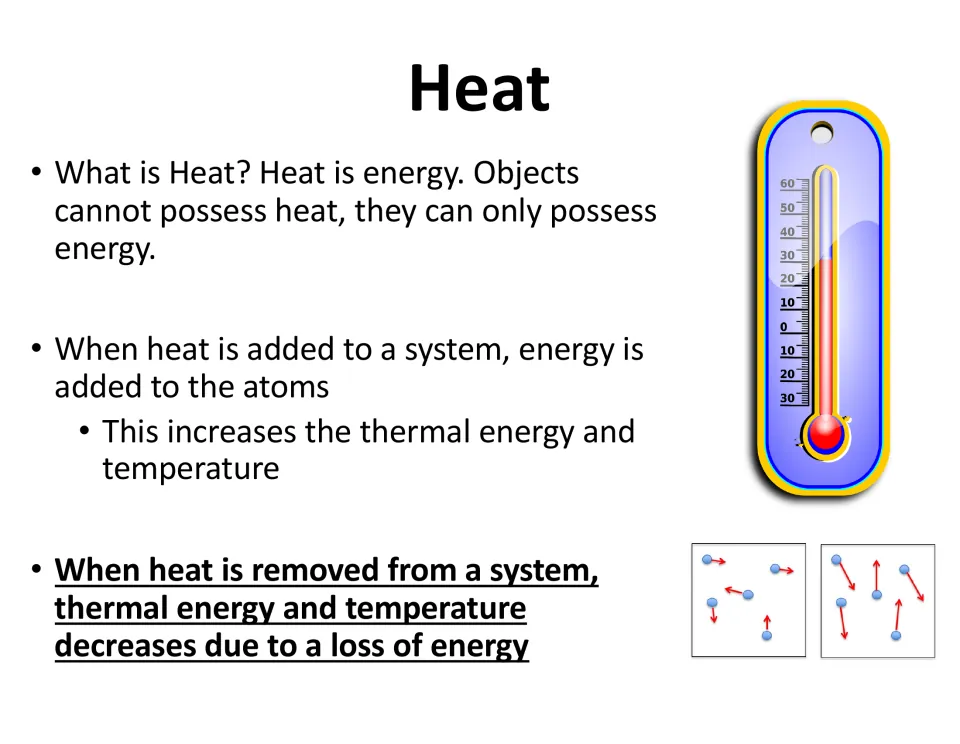 Heat notes: objects possess energy, not heat; adding heat raises thermal energy and temperature, removing it lowers both