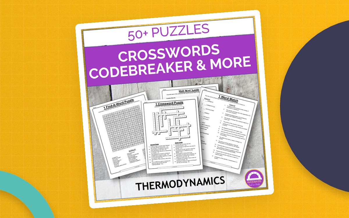 Thermodynamics puzzle cover showing crossword, codebreaker, and other worksheet previews.