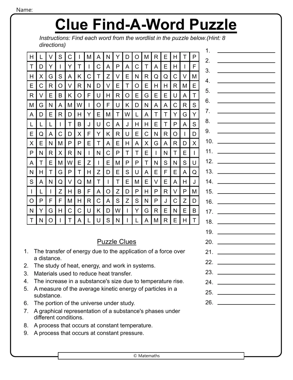 Thermodynamics clue find-a-word: students solve clues on work, heat transfer and phases, then find each term in the grid