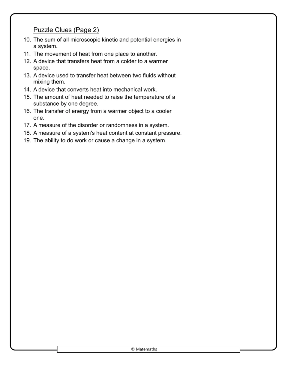 Clues 10-19 for the thermodynamics word search: students name terms such as internal energy, heat engine and entropy