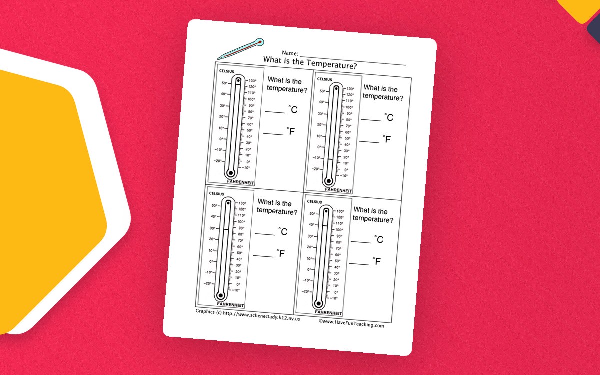 Thermometer Worksheet preview: A worksheet of illustrated dual-scale thermometers