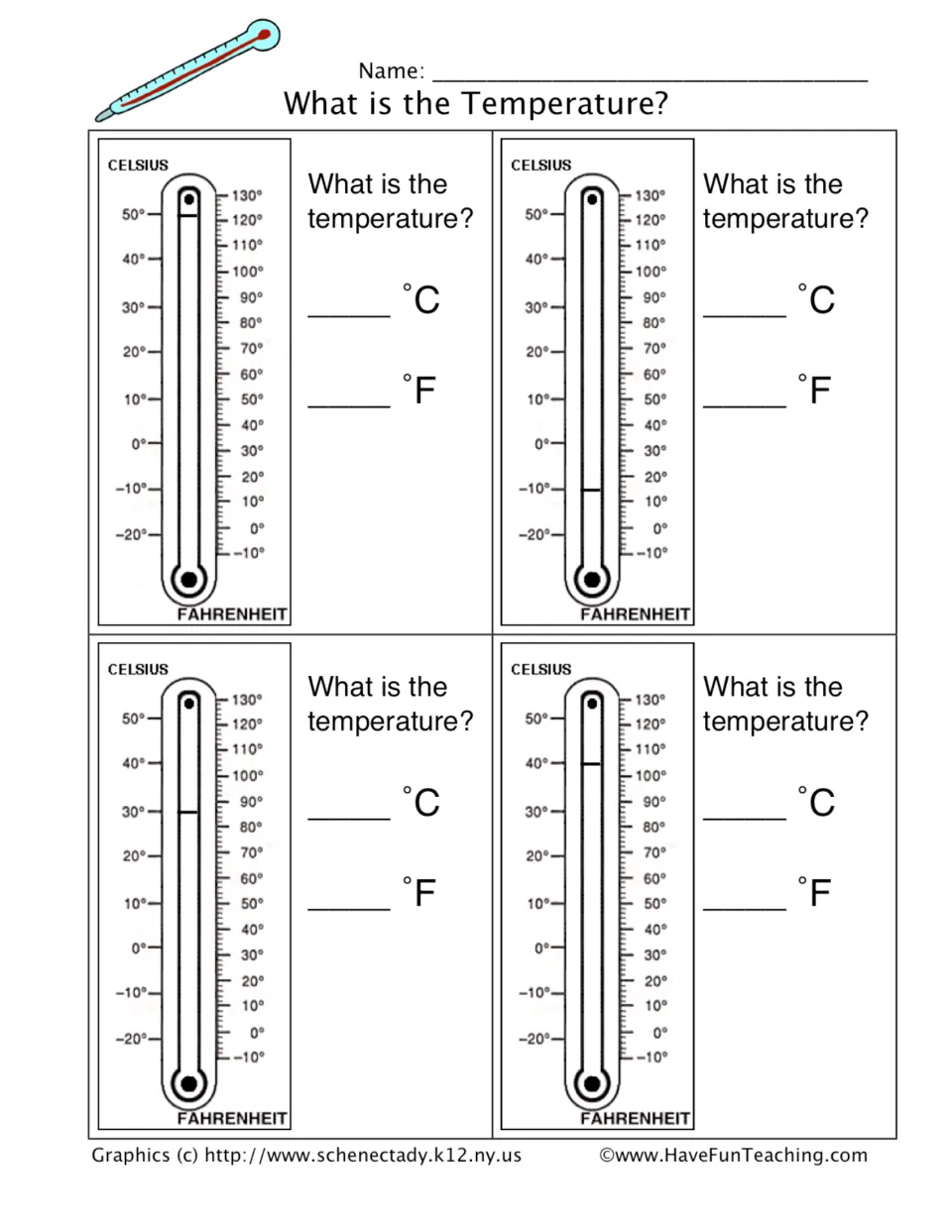 What is the Temperature?: students read four thermometers and write each reading in both degrees Celsius and Fahrenheit